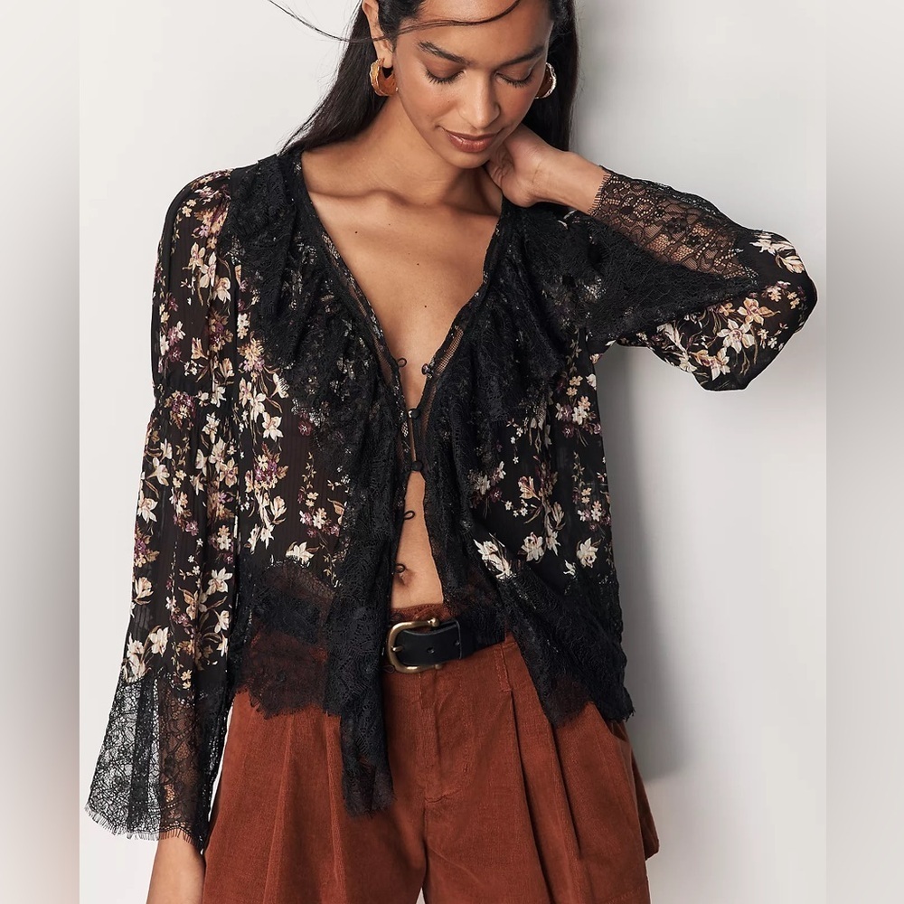 NWT By Anthropologie Size Small Sheer Ruffled Lace Blouse MSRP $148